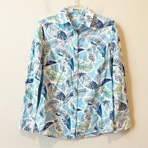 J. McLaughlin Turquoise Blue Green Feathers Print textured cotton Shirt Sz S